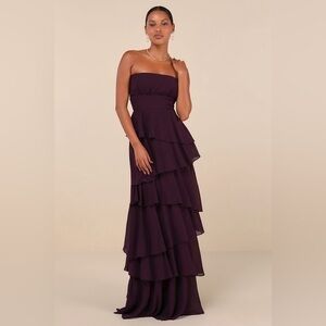 Brand New Lulus Gorgeous Essence Dark Purple Strapless Tiered Maxi Dress Small
